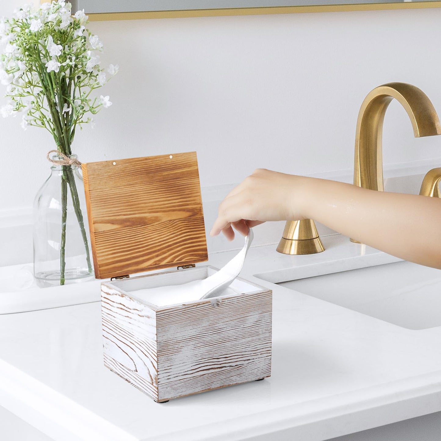 Bivvclaz Disposable Face Towel Holder, White Washed Wood Face Towel Container Compatible with Clean Towels XL, Face Towels Storage Box with Lid, Makeup Remover Organizer for Vanity, Bathroom