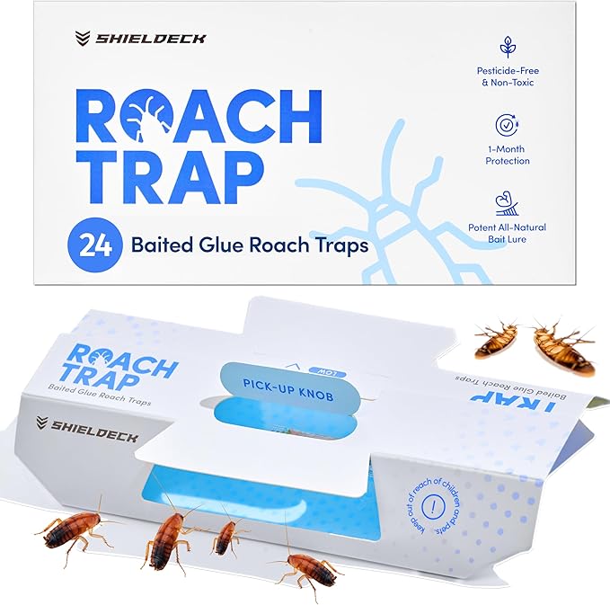 Shieldeck Roach Traps Indoor (24 Pack) â Non-Toxic Sticky Glue Traps for Roaches, Spiders & Crickets â Safe Roach Catcher for Home, Car, Apartment & Motel Pest Control