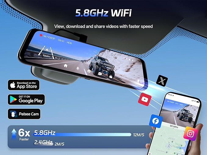 Pelsee S12 Pro Mirror Dash Cam with STARVIS 2 Sensor, Rear View Mirror Camera 5.8GHz WiFi, 4K Front and 1080P Rear Backup Camera for Car, ADAS, Voice Control, Color Night Vision, 64G Meomory Card