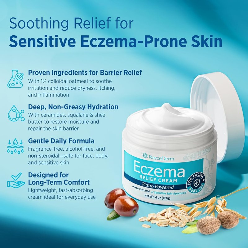 Roycederm Eczema & Psoriasis Cream for Dry, Itchy Skin – Moisturizer for Sensitive Skin, Eczema, Psoriasis & Dermatitis – 1% Colloidal Oatmeal + Ceramides – Steroid-Free for Adults, Kids & Babies