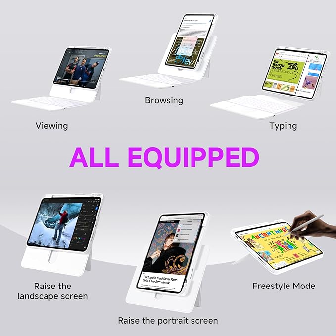 Tiaota Keyboard Case for iPad Air 13-inch (M2 & M3, 2024 & 2025) and iPad Pro 12.9-inch (3–6 Gen) with Multi-Touch Trackpad, 360° Rotating Stand, Portrait & Raised Modes, Detachable Cover – White