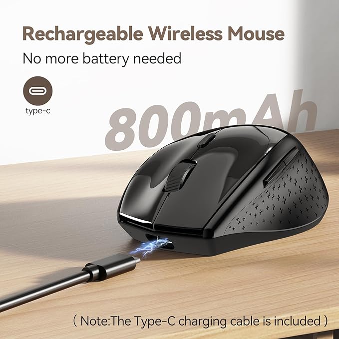 TECKNET Rechargeable Mouse with Jiggler, Plug & Play, 2.4G Connection with USB-C Adapter, Silent Mouse Quiet Click, 6400 DPI Ergonomic Mouse, Cordless Computer Mice for Laptop, Desktop, PC