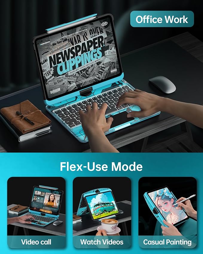 Intermerge Clear Keyboard Case for iPad Pro 11"(M5,2025/ M4,2024), 360° Swivel Multi-Touch Trackpad, 7-Color RGB Backlit, Pencil Holder, Type-C, Power Indicator, Aqua Pulse