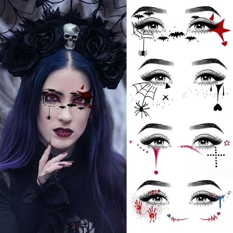 15 Pcs Horror Halloween Face Makeup Tattoos Stickers Clown Demon Spider Web Ghost Vampire Eyeshadow Temporary Stickers Scary Fake Blush Freckles Face Tattoos for Day of Dead Carnival Party Decoration