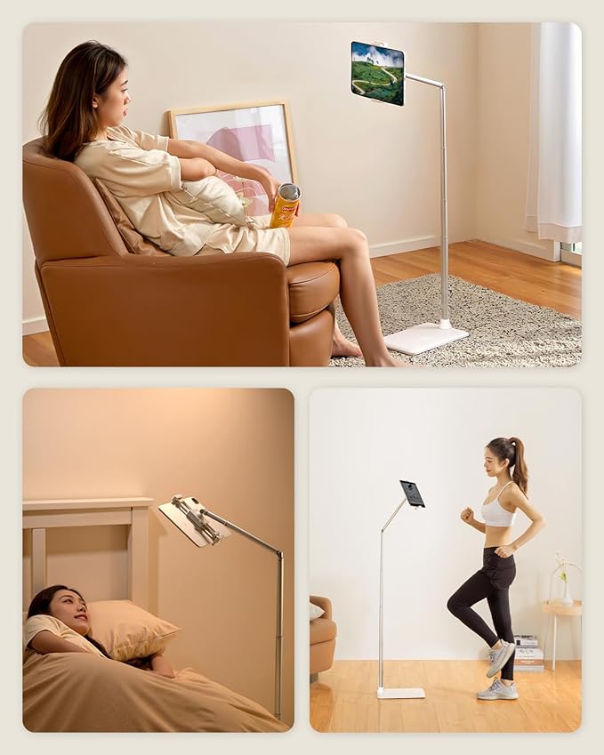 SupeDesk Tablet Floor Stand, Adjustable iPad Holder for Bed & Sofa - 360° Rotating Long Arm, Height Adjustable from 13.5" to 60.3", Sturdy Metal Base for iPad, Tablet, Phone (4-13 Inch), White