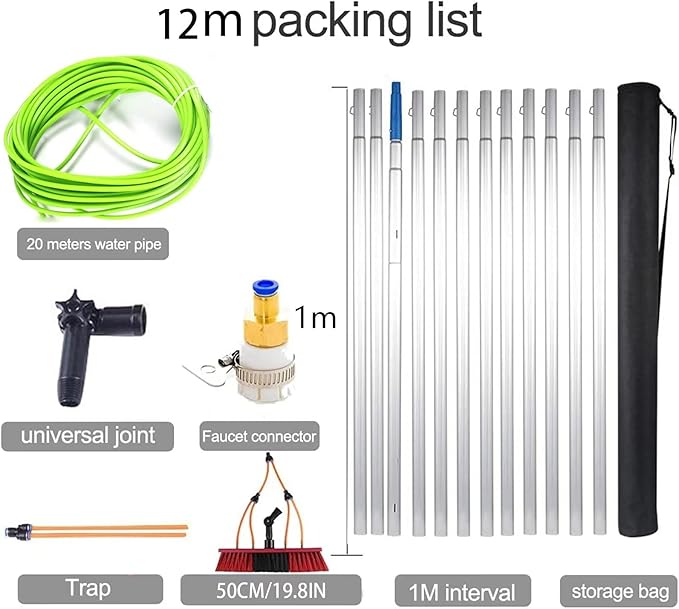 12m/39.5ft Window Cleaning Pole Water Fed Telescopic Extended Extension Conservatory Hose Fed Brush Kit(50cm Brush 12m Pole)