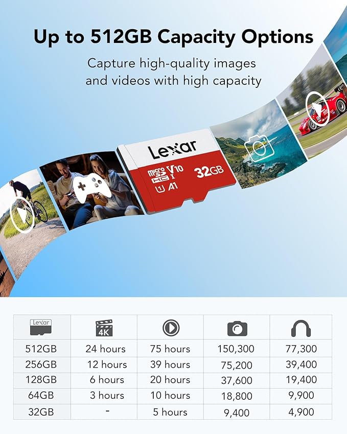 Lexar E-Series 32GB Micro SD Card, microSDHC UHS-I Flash Memory Card with Adapter, 100MB/s, C10, U3, A1, V30, Full HD, 4K UHD, High Speed TF Card