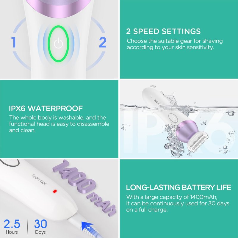 VOYOR Electric Razors for Women 4 in 1 Bikini Trimmer, Foil Shaver for Women 4 Replacement Heads for Body, Pubic Hair Trimmer, Cleansing, Massage 2 Adjustable Speeds Rechargeable Shaver ES501 (Purple)