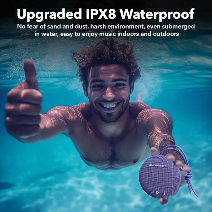 Monster IPX8 Shower Speaker Waterproof, Bluetooth 5.4 with Loud HD Sound and Robust Bass Portable Wireless Outdoor Speakers
