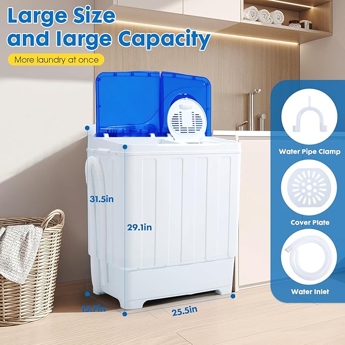 Portable Washing Machine Twin Tub - 28lbs Compact Washer(18lbs) and Dryer(10lbs) Combo with Drain Pump - Mini Laundry Machine for Apartments, Dorms, RVs, and Camping - Blue