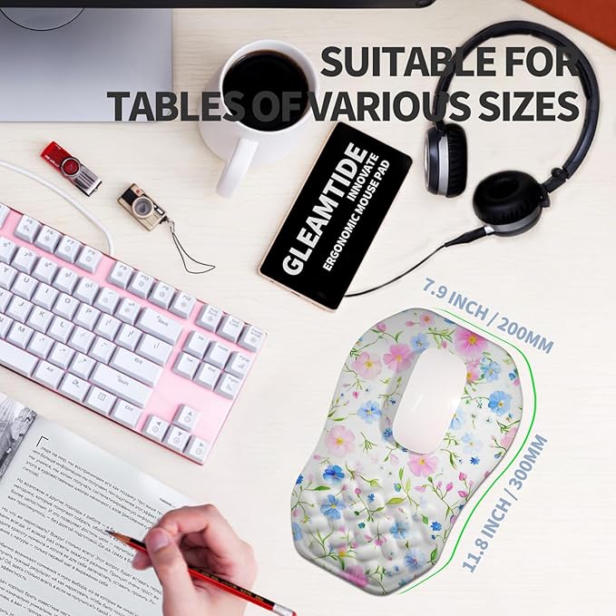Gleamtide Ergonomic Raised Mouse Pad Wrist Support with Bilateral Slope Memory Foam Mousepad for Wrist Rest and Carpal Tunnel Pain Relief 11.8x7.9〃 Little Flower
