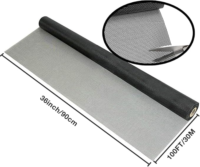 36IN*100FT Window Screen Mesh,Fiberglass Screens Roll,Pet Proof Window Screen Replacement,DIY Screening Mesh Netting for Windows, Door, Pool, Porch,Patio -Black (90cm*30m)