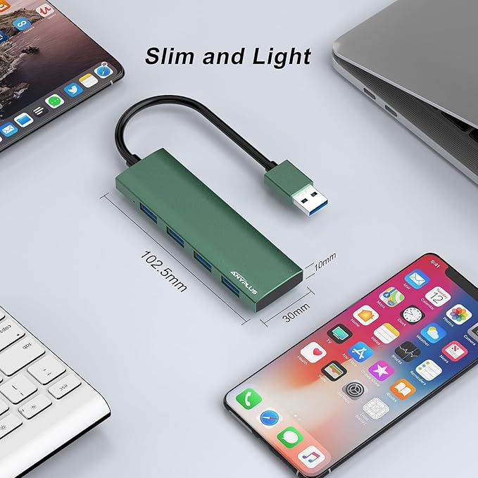 ANYPLUS USB Hub, USB 3.0 Hub Aluminum Alloy Ultra Slim USB Splitter, Portable 4 Port USB Extender, USB Hub for Laptop, PC, MacBook, iMac, Surface Pro, Mac Pro, Flash Drive, XPS 【Green】
