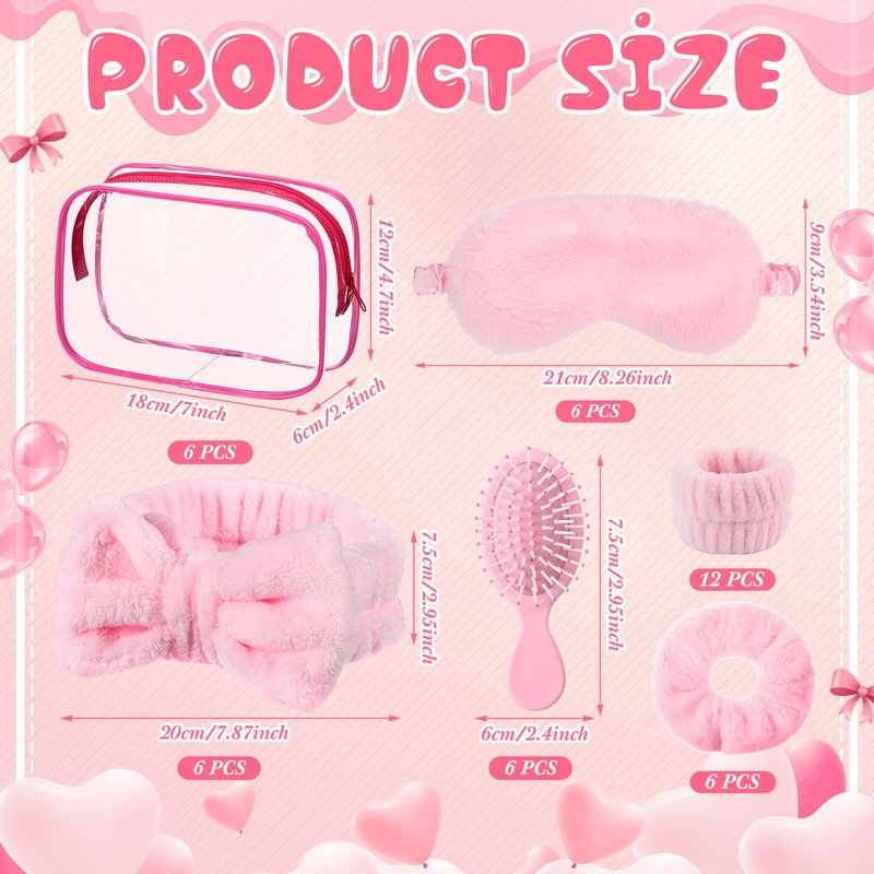 Daifunli 36 Pieces Spa Sleepover Party Favors for Woman 6 Pcs Spa Headband 6 Eye Mask 6 Velvet Scrunchies 6 Pcs Wristband 6 Hair Brush 6 Cosmetic Bags for Adult Slumber Party Gift(Pink)