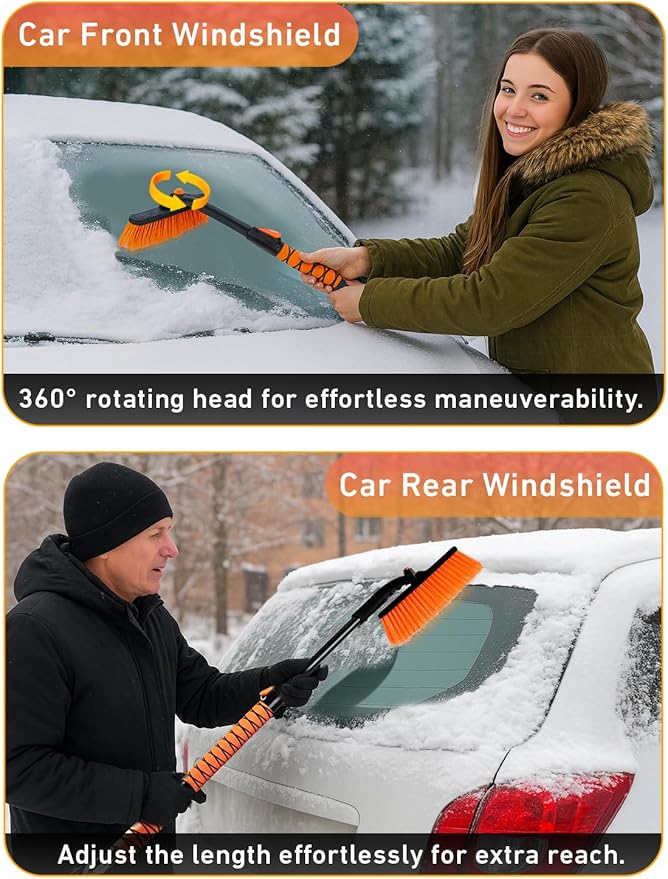 EcoNour 36" Extendable Snow Brush and Ice Scraper | 3-in-1 Telescopic Snow Removal Brush with 360Â° Rotating Head for Car Windshield | Ice Scraper for SUV, Truck, and Car | Winter Car Accessories