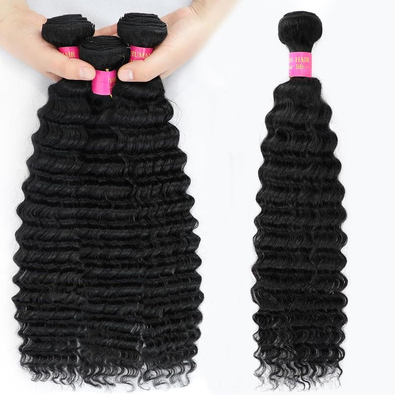 1 Bundle Human Hair 12A Deep Wave Bundles Human Hair 22 Inch 100% Unprocessed Brazilian Virgin Hair Quick Weave Bundles Real Human Hair Extensions Natural Black