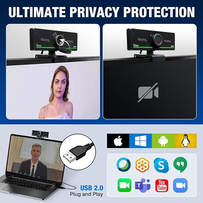 Gsou Webcam with Headset and Microphone, 1080P Webcam with Privacy Cover, Plug and Play Web Camera for Desktop Computer Zoom Meetings, Audio Bluetooth only for Headset