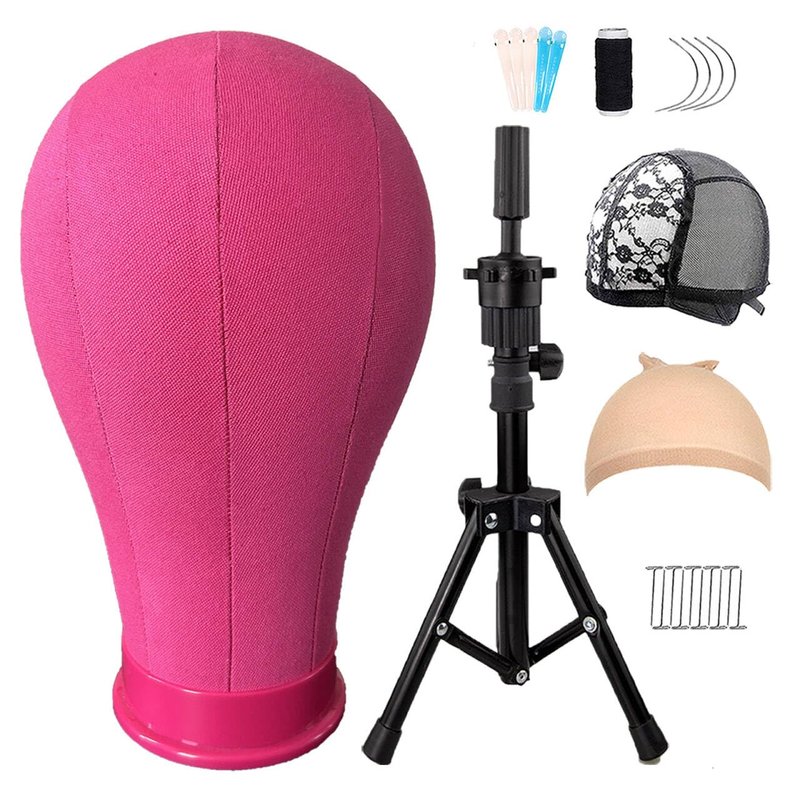 LUNGCYX 23Inch Wig Stand Tripod,Canvas Wig Head Stand Mannequin Head Foldable Wig Stand Set for Making Display with Table Clamp,Wig Cap & T Pins