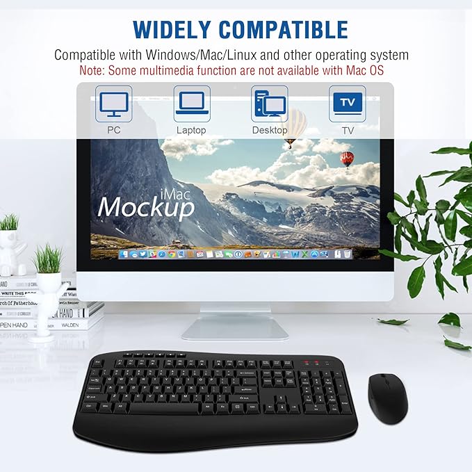 Wireless Keyboard Mouse Combo, EDJO 2.4G Full-Sized Ergonomic Keyboard with Comfortable Palm Rest and Optical Wireless Mouse for Windows, Mac OS PC/Desktops/Laptops (Grey)