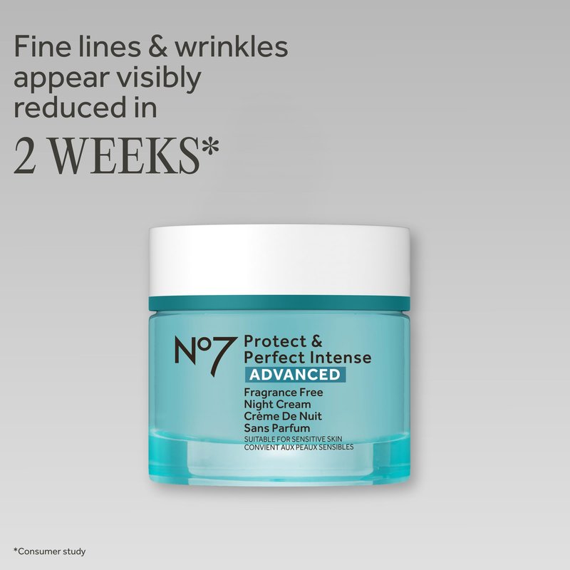 No7 Protect & Perfect Intense Advanced Night Cream Fragrance Free - Vitamin E & Shea Butter Face Cream - Fine Line Reducing Moisturizer with Collagen Peptide Technology (1.69 fl oz)