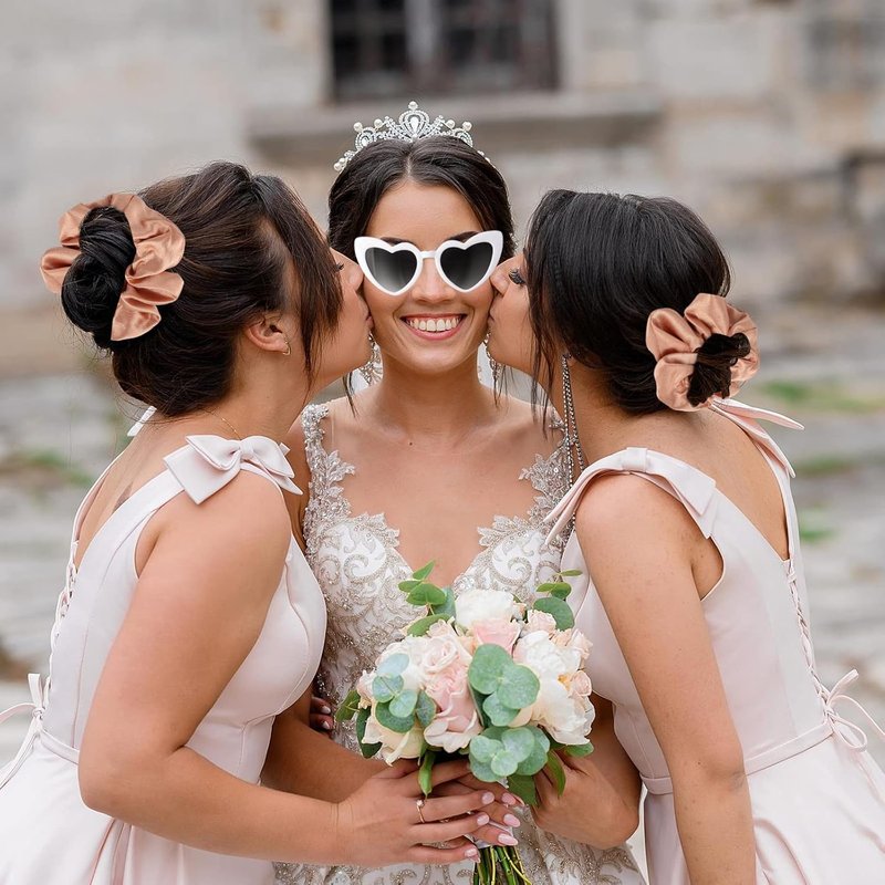 Bridesmaid Scrunchies Set - 12 Hair Claw Clips & Heart Sunglasses | Wedding & Bachelorette Party Favors (Champagne)