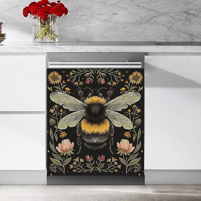 Flower and Bee Pattern Dishwasher Magnetic Cover Sticker Magnetic Refrigerator Full Door Cover Sticker Kitchen Decor Panel Decal 23W x 26H inchs