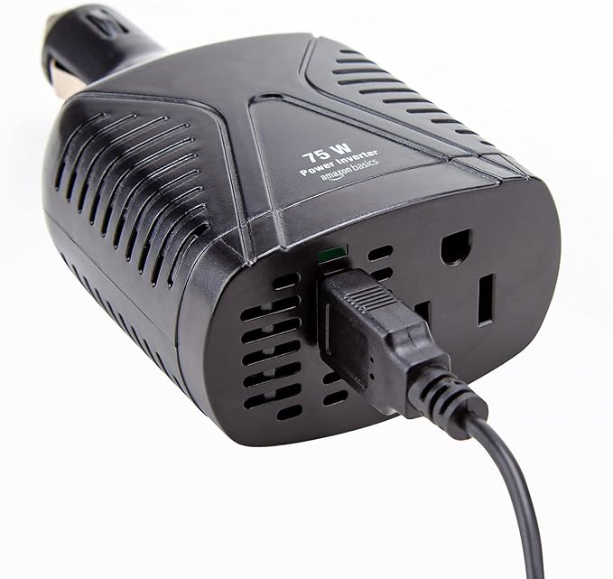 Amazon Basics 75W Portable Car Power Inverter, 12V to 110V, USB Charging Port, AC Outlet for Vehicles, Black, 5.07 x 2.65 x 1.6 inches
