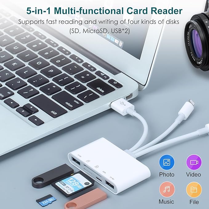 SD Card Reader for iPhone/iPad, 5-in-1 Universal Memory Card Reader for SD/TF Card/USB Drive, USB C/Lighting/USB Connector Compatible with iPhone 17/iPad Pro/Galaxy/MacBook/Dell etc.