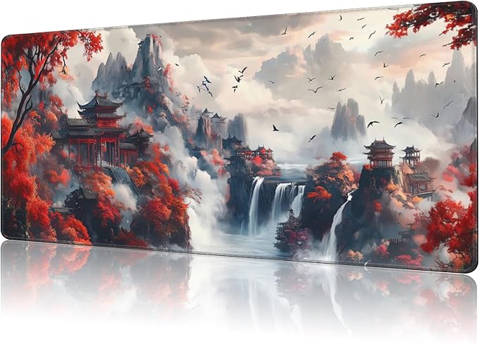 NIYLYNSYN Mouse Pad Large Chinese-Style Landscape Painting Non-Slip Gaming Desk Mat with Stitched Edge Laptop Keyboard Desk Pad for Work Home Gaming (35.4 x 15.7 Inches)