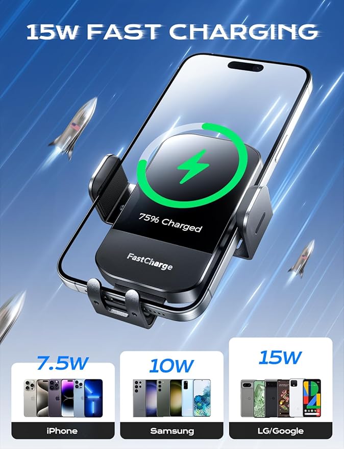CHGeek Wireless Car Charger, 15W Fast Charging Auto Clamping Phone Holders for Your Car Phone Mount fit for iPhone 17 16 15 14 13 12 Pro Max 11 XR XS, for Samsung Galaxy S25 Ultra S24 S23, Black
