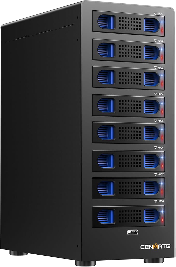 CENMATE 8 Bay Hard Drive RAID Enclosure with Cooling Fan for 2.5/3.5" SATA HDD/SSD with USB A/C 3.0＋eSATA Cable, 3.5 Hard Drive Enclosure Supports 160TB Capacity, 8 RAID Modes, DAS(NO NAS)