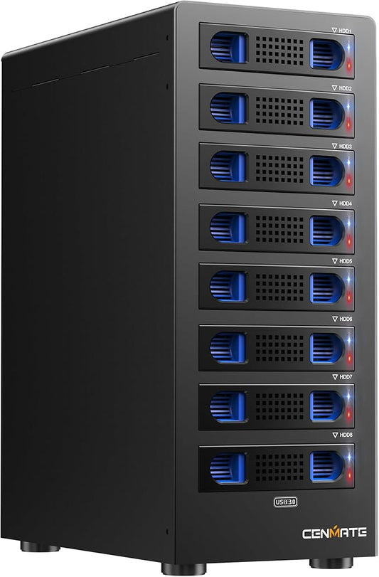 CENMATE 8 Bay Hard Drive RAID Enclosure with Cooling Fan for 2.5/3.5" SATA HDD/SSD with USB A/C 3.0＋eSATA Cable, 3.5 Hard Drive Enclosure Supports 160TB Capacity, 8 RAID Modes, DAS(NO NAS)