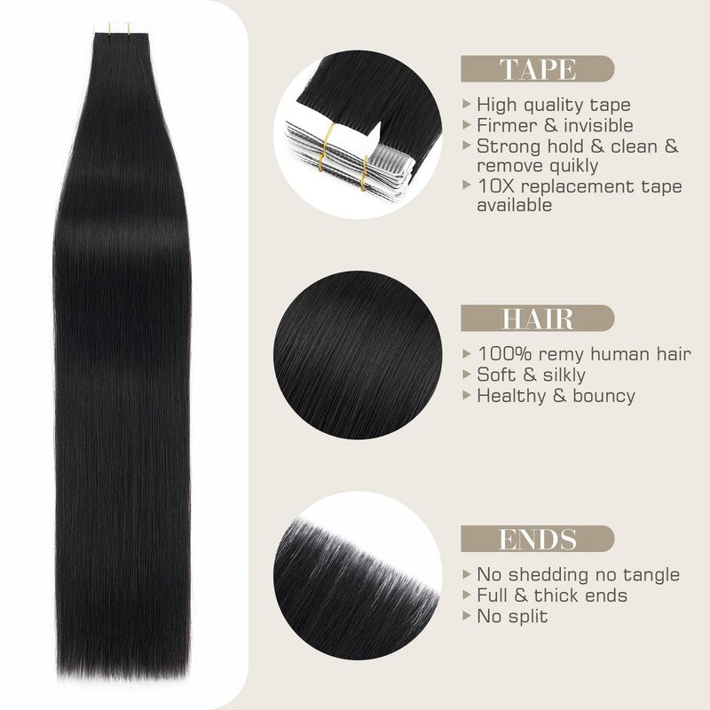S-noilite Tape in Hair Extensions Human Hair,18 inch Upgraded Double Needle Human Hair Tape in Extensions Seamless Invisible Tape in Hair Extensions Human Hair 50g 20pcs(#1 Jet Black)