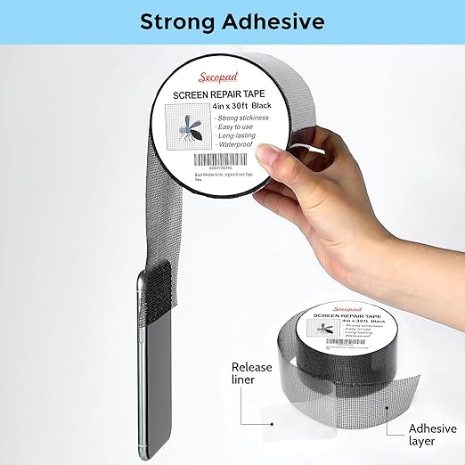 Secopad Black Window Screen Repair Kit, 4 in X 30 FT (360IN) Screen Repair Tape for Windows or Doors, Strong Adhesive Fiberglass Mesh Patch Tape