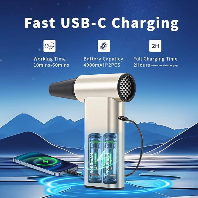 Rckskaya Compressed Air Duster, 300000RPM Aluminum Electric Air Duster, Rechargeable Cell Phone Charger, 4-Gear Handheld Blower Vacuum Cordless, Dust Blower for Keyboard/Computer/House/Outdoor and Car