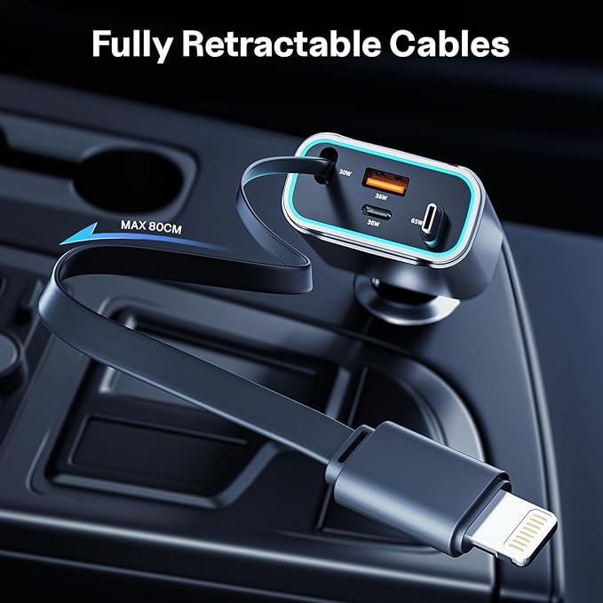TOENNESEN Retractable Car Charger USB C 131W 4-in-1 Fast Charging with 2 Retractable Cables Car Phone Charger Adapter for iPhone 17 Pro Max 16 15 14 13 Fast Charge Car Accessories, Gifts for Men Women