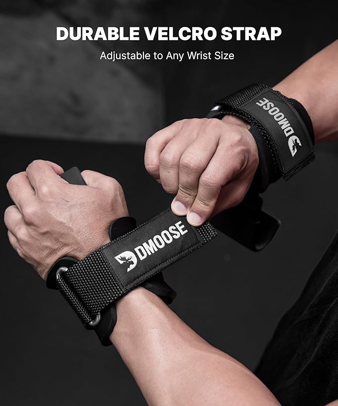 DMoose Fitness Weight Lifting Hooks (Pair) for Deadlifts, Pull Ups, Rows & Shrugs - Anti-Rip Nylon Strap Hand Grips with Thick Wrist Padding - Heavy Duty Wrist Straps for Weightlifting (Red)