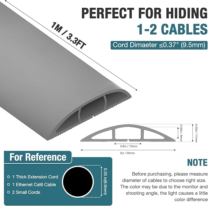 Floor Cord Cover, Cable Protector, 0.63W x 0.31H inches, Wire Cover for Extension Cords, Floor Cable Covers Prevent Cable Trips (Gray, 50-3.3 Feet)