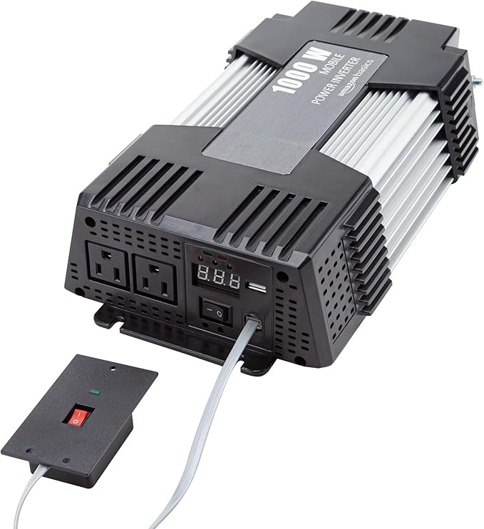 Amazon Basics 1000W Car Power Inverter, 12V to AC 110V, Portable, 2 AC Outlets, USB Port, 13.81 x 7.44 x 3.07 inches
