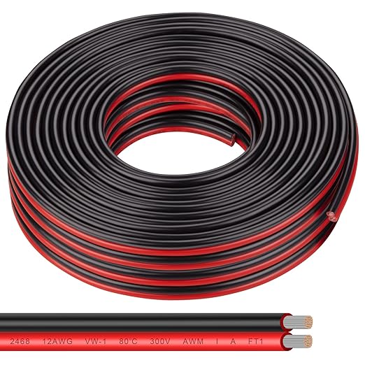 Shirbly 12AWG Tinned Copper Electrical Wire - 50FT, 2 Conductor Parallel, Black, PVC Insulated, Solar Panel, LED, Automotive, RV, Inverter Compatible
