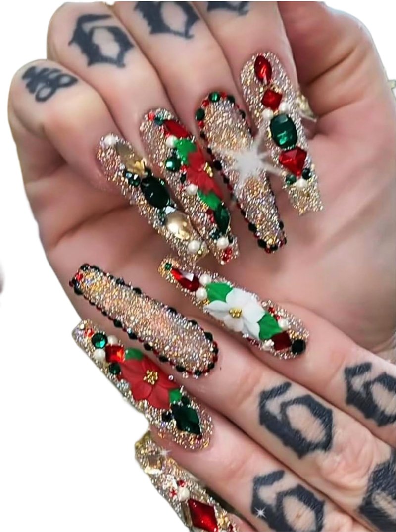 3D Christmas Acrylic Flower Nail Art Charms Handmade by Acrylic Powder - 24pcs Noel Flowers Nail Rhinestones Kit 3D Nails Design Acrylic for Women (Christmas Flowers 3-Small & Medium Size)