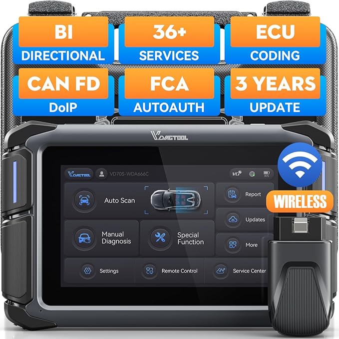 Bidirectional Scan Tool VDIAGTOOL VD70S, 2026 Wireless OBD2 Scanner Diagnostic Tool with 36+ Resets, All System Scanner for Car, FCA Autoauth, CAN FD & DoIP, ECU Coding, PMI, 3 Years Update