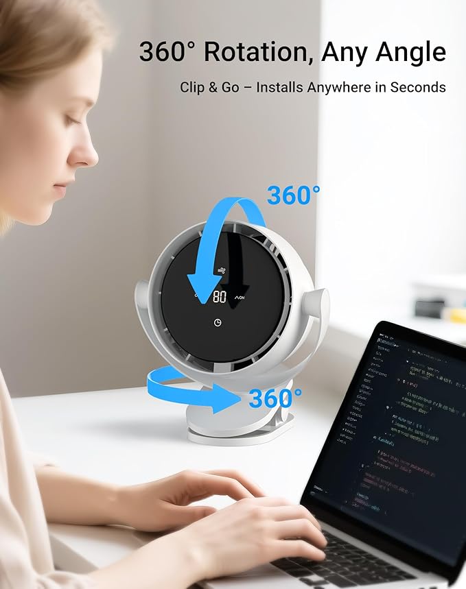 Primelove Portable Desk Fan, Clip-On Rechargeable USB Fan with 100-Level Precision Control & LED Touch, 360° Rotation, Ideal for Stroller, Office, Bedroom, Kitchen, Camping – White, 7-inch
