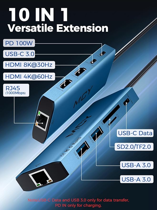 MCY USB C Hub,Laptop Docking Station Dual Monitor Single 8K,2x4K@60Hz,10in1 Type-C Multiport Adapter with PD100W,Card Reader,Extender,Splitter,Ethernet Dock for MacBook Ipad Pro/Dell/HP/Surface etc.