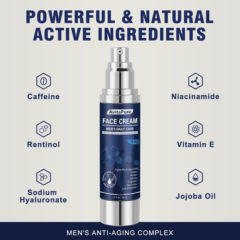 6-in-1 Face Cream for Men – Mens Anti Aging Face Cream w/Caffeine & Retinol to Firm, Hydrate & Refresh Skin, Quick-Absorbing Non-Greasy Formula (1.7 Fl Oz (Pack of 2))