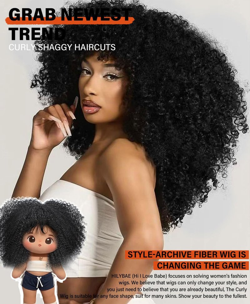 HILYBAE Curly Wig Afro Curly Wigs for Black Women Afro Kinky Curly Wig With Bangs Full and Fluffy Glueless Wig Synthetic Hair Replacement Wigs for Cosplay and Daily