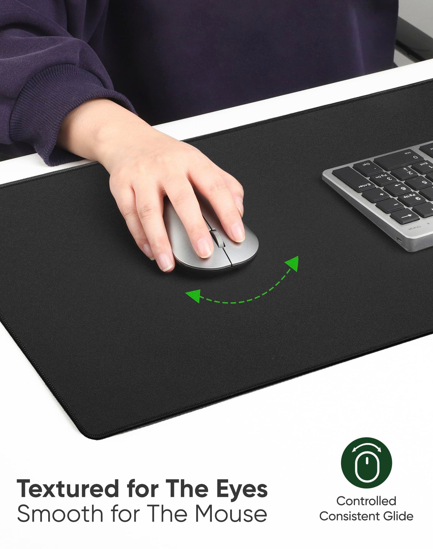 ALOANES Black Waterproof Desk Mat, Large, with Extended Mouse Mat, Office Desk Protector with Anti-Slip Base, Stitched Edge, Grain Jacquard Surface, Perfect for Gamer, Home, XL,11.81''x27.56''x0.12'