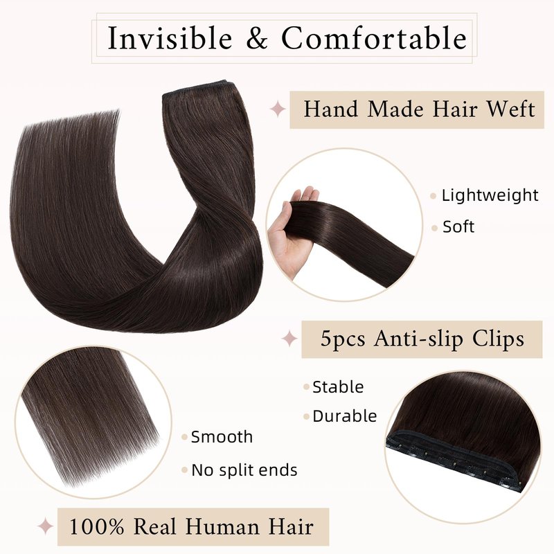 SEGO One Piece Clip in Extensions, 5 Clips Real Human Hair Extensions, Long Straight, 10 inches, #04 Chocalate Brown
