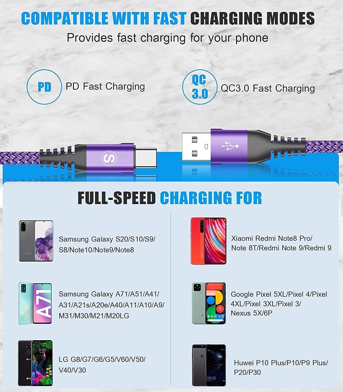sweguard USB Type C Charger Cable [3-Pack,10ft+6.6ft+3.3ft] iPhone 16 Charger Nylon Braided Cord for iPhone 16 15 Pro Max Plus Samsung Galaxy S24 S23 S22 S21 S20 S10 Note 20 10 A54 Pixel LG Moto PS5