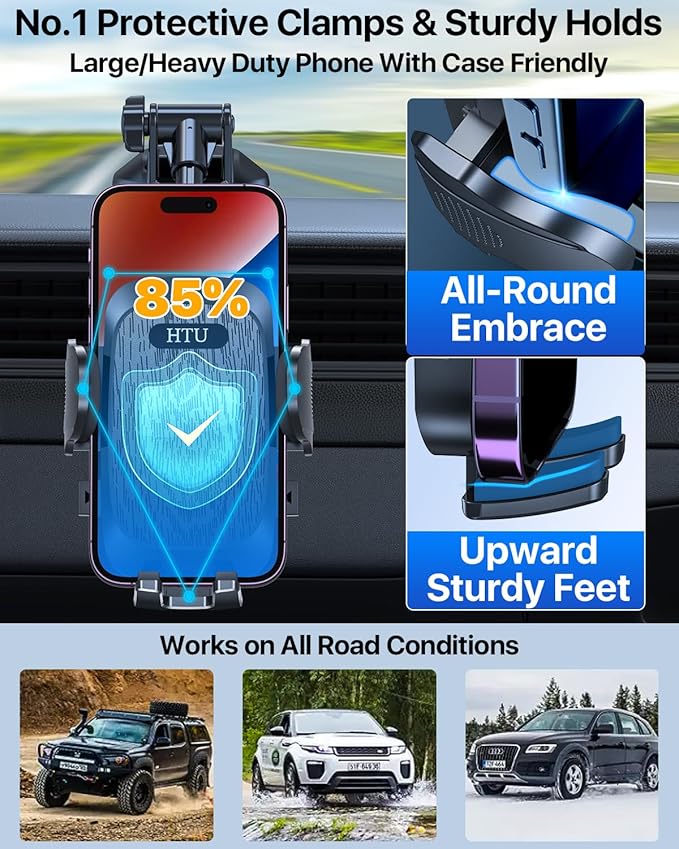 HTU Car Phone Holder【2026 Upgraded 100+LBS Suction & Safety Cert】 Cell Phone Car Mount for Truck Heavy Duty Phone Holder for Dashboard/Windshield/Vent for iPhone 17 16 Pro Max, Jet Black